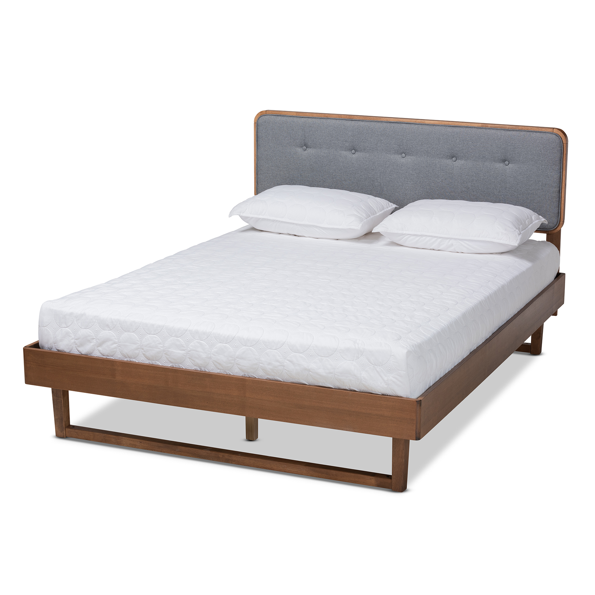 Baxton Studio Natalia Mid-Century Modern Dark Grey Fabric Upholstered and Ash Walnut Finished Wood King Size Platform Bed